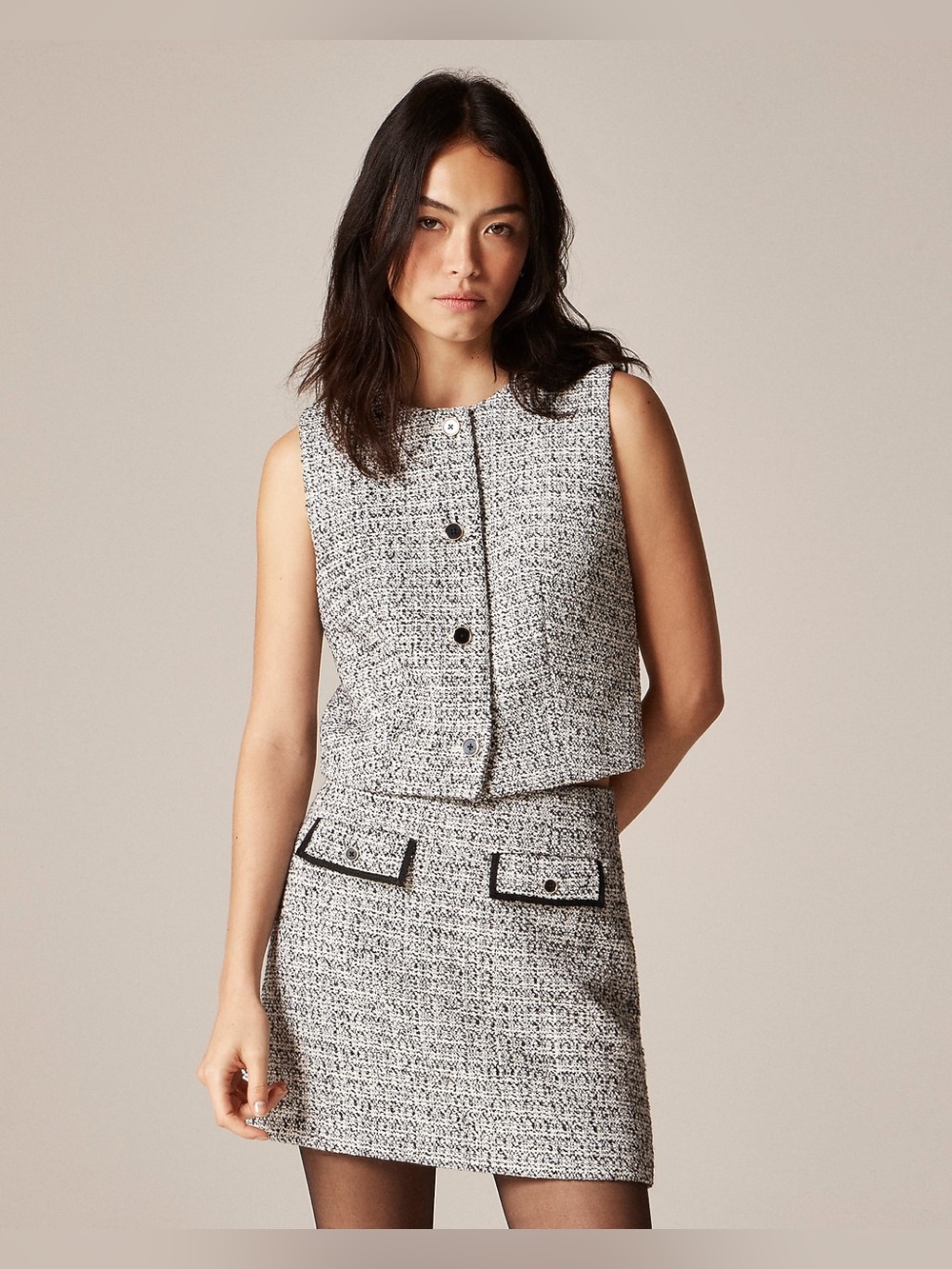 J.Crew Heathered Tweed Crewneck Vest & Flap-Pocket Mini Skirt Set, Size 0